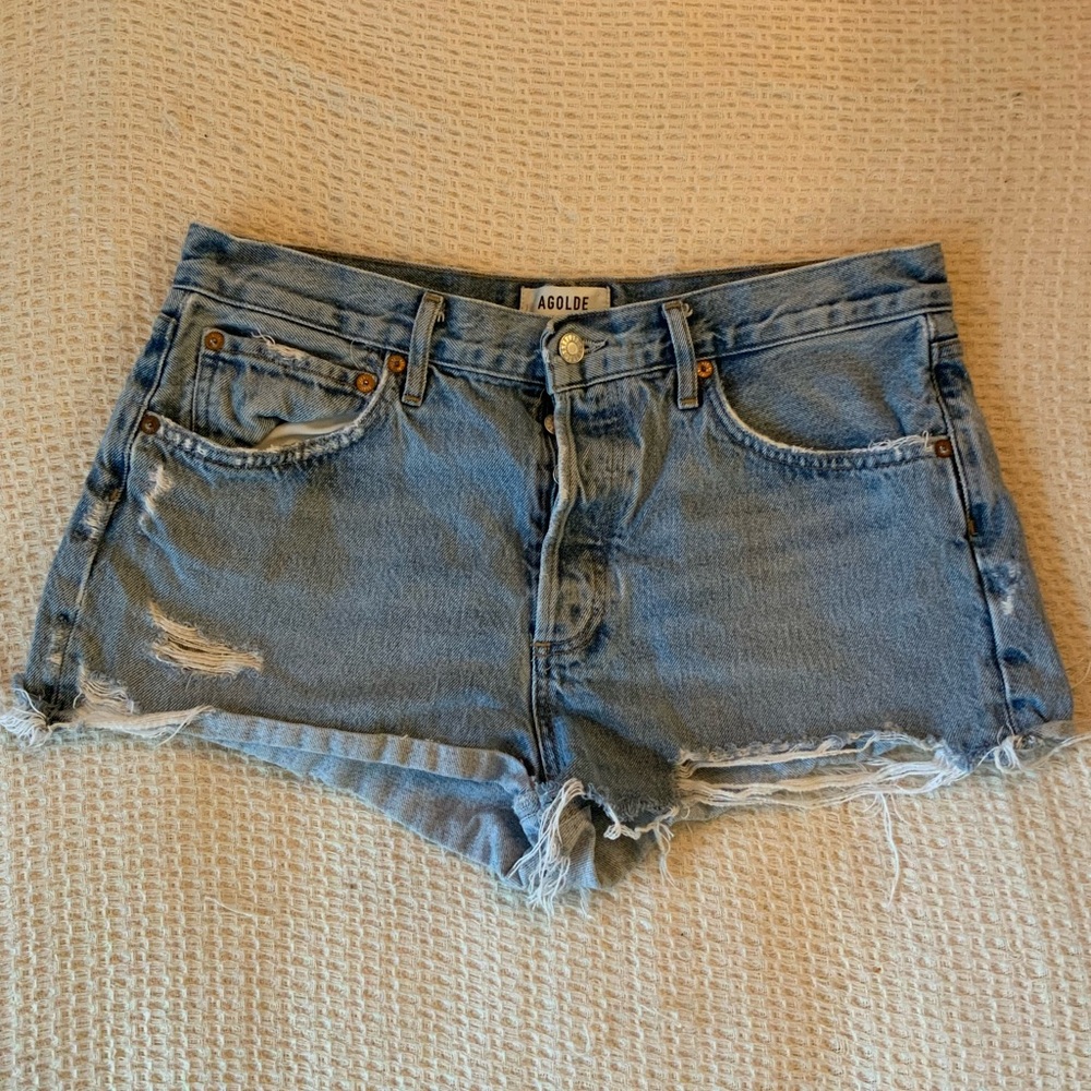 Agolde Parker High Waist Denim Cutoff Shorts Medium Wash Blue Distressed Jean